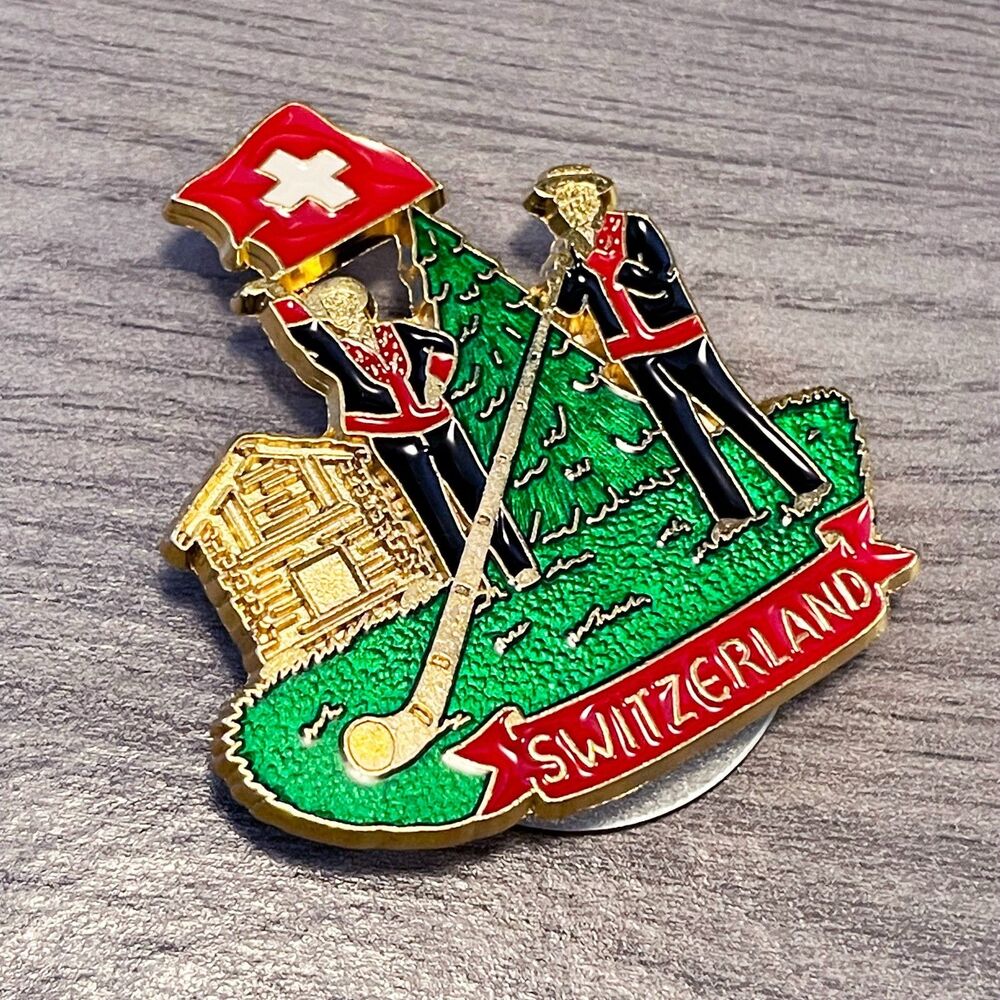 Switzerland Souvenir Magnet Swiss Flag Alpine Horn Chalet Enamel Gold Tone